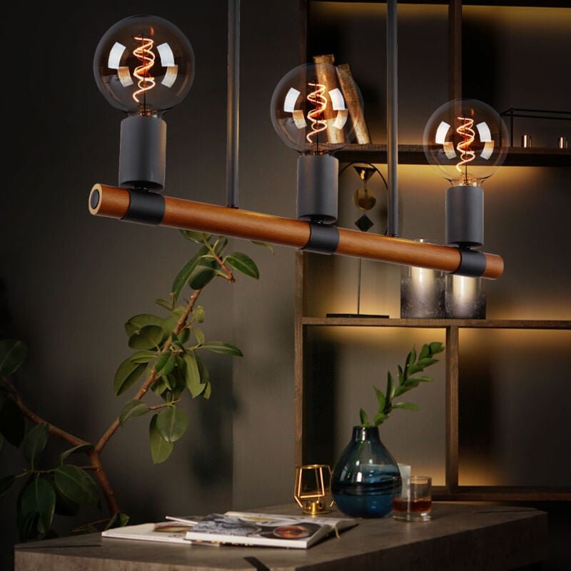 Globo - Deckenlampe Deckenleuchte Wohnzimmerlampe Esstischleuchte Holzlampe Holzleuchte, 3 Flammig Retro, Metall schwarz...