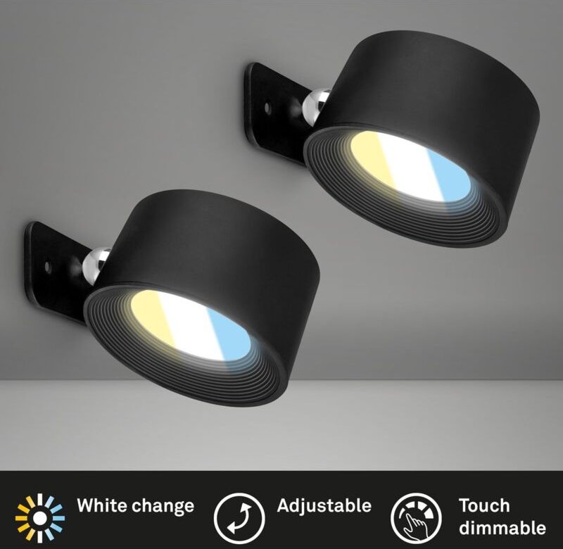 2er Set Tari Wandleuchten ohne Stromanschluss, Dimmbar, Touch, Schwenkbar, Magnetisch abnehmbar, Schwarz, 8,7 x 7,5 x 4,...