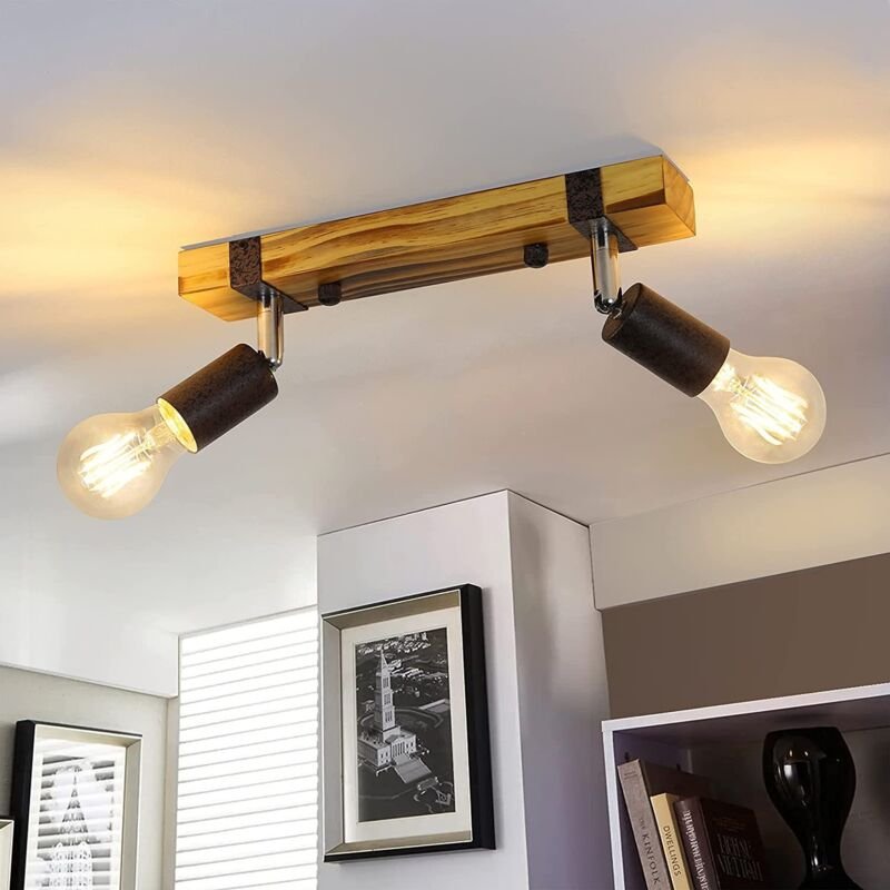 Vintage Deckenleuchte Retro Deckenstrahler Gbly 2 flammig Deckenspots Holz im Industrial Design mit Verstellbaren Strahl...