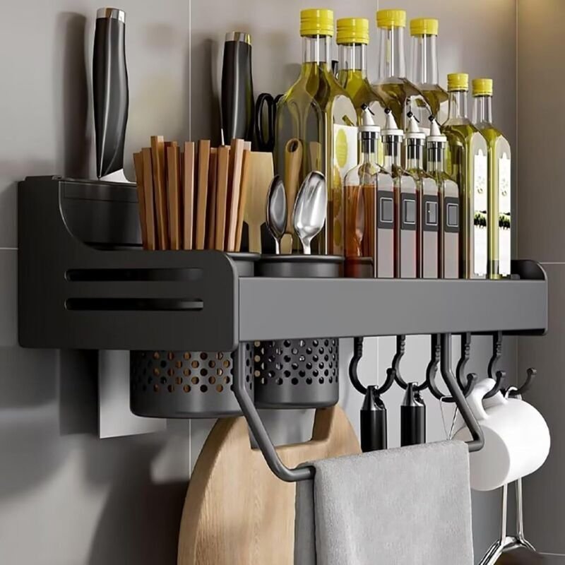 Wandmontiertes Gewürzregal – Küchenutensilienhalter, schwarz, 40 cm