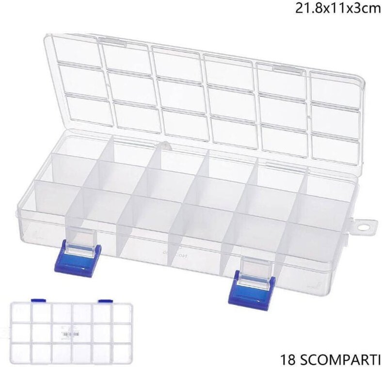 Trade Shop Traesio - Trade Shop - Aufbewahrungsbox mit 18 Fächern, praktischer Behälter, Maße 21,8 x 11 x 3 cm -