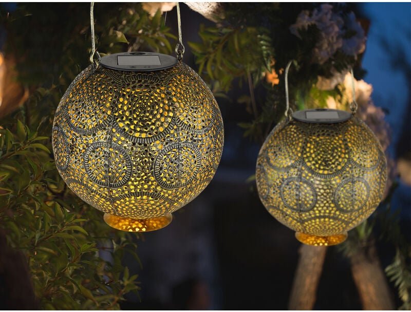 Meinewunschleuchte - Ornament Solarlaternen 2er Set hängend oder stehend, Metall Gold Antik Ø18,5cm