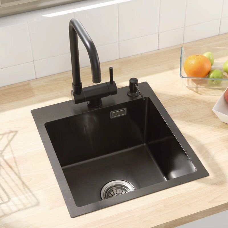 Thumbnail - Spüle 1 Becken 40 x 45 cm Küchenspüle Standard Einbau oder flächenbündig, mit Siphon und Überlauf Ohne Seifenspender, An...
