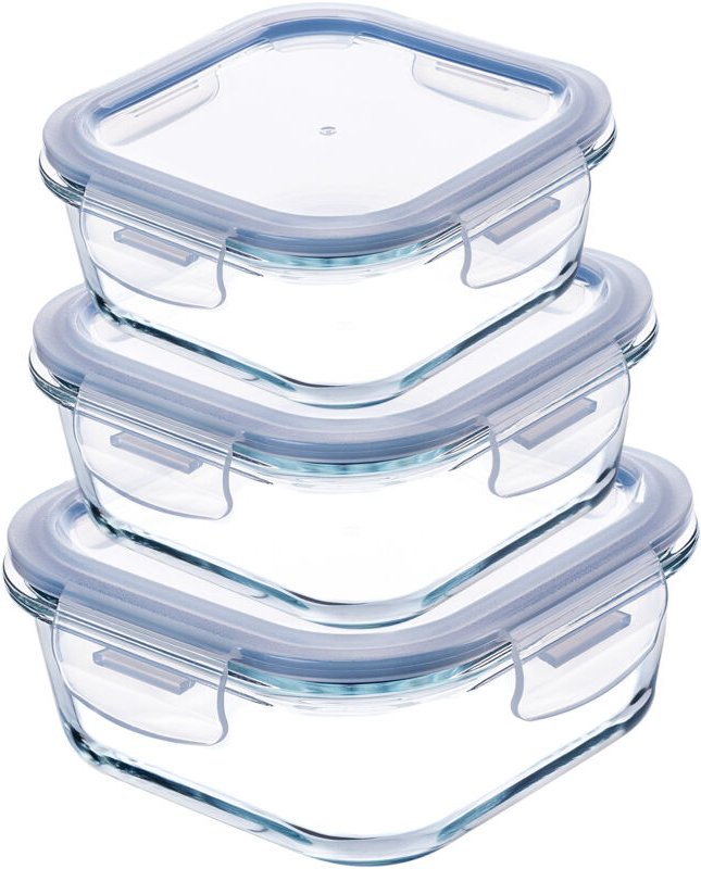 KADAX Glasbehälter-Set mit Deckel, quadratisch, 320ml + 520ml + 800ml