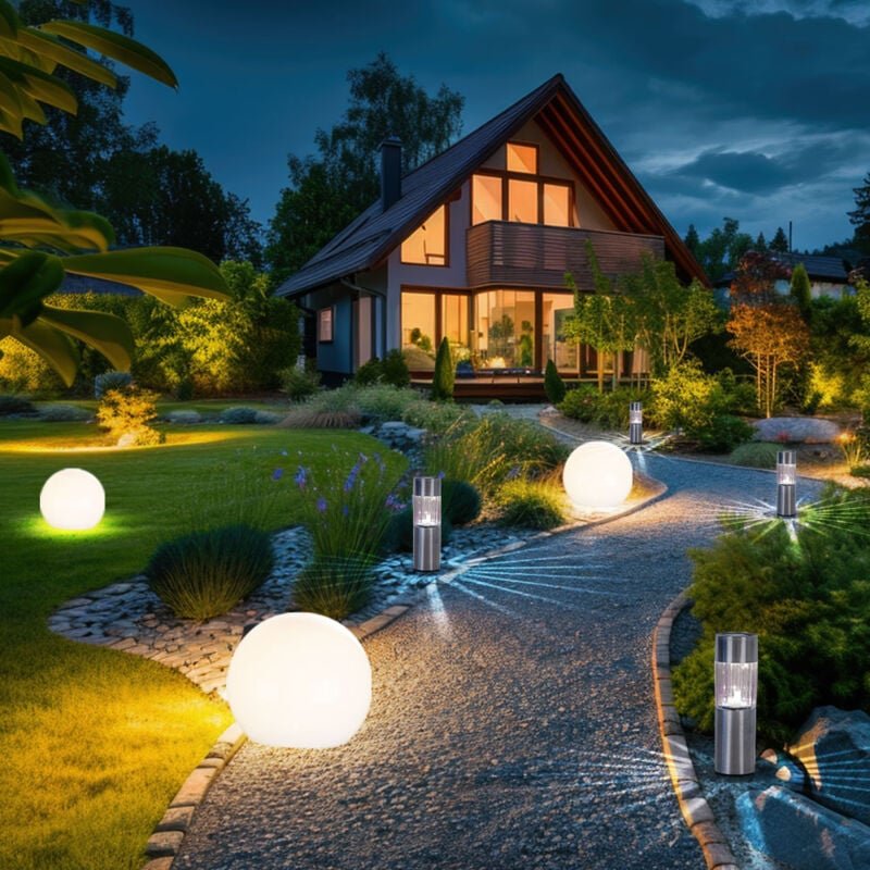 Solarkugel Außenlampe mit Erdspieß led Gartenlampe Solarleuchte Gartendeko Kugellampe, Edelstahl Kunststoff silber weiß,...