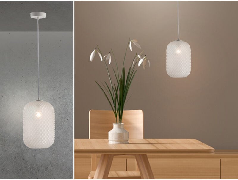 Meinewunschleuchte - led Pendelleuchte Relief Kristall Milchglas transparent Weiß, ø 20cm