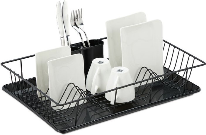 Abtropfgestell, Besteckkorb & Abtropfschale, Geschirrständer Küche, Abtropfgitter, Kunststoff, Metall, schwarz - Relaxda...