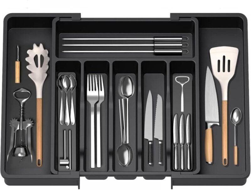 Besteckkasten, ausziehbarer Besteckkasten für Schubladen, verstellbarer Schubladenorganizer für die Küche, kompakte Aufb...