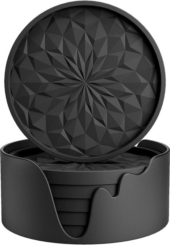 Silikon-Untersetzer mit Halter für heiße oder kalte Getränke, dick, rutschfest, tiefes Tablett, schwarz, 6er-Set