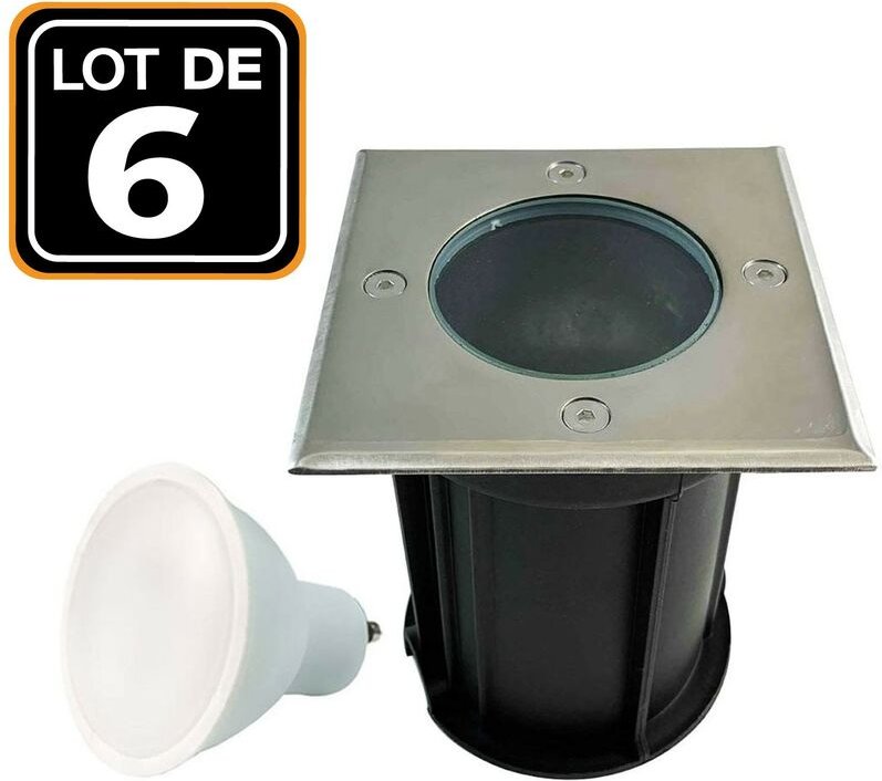 Europalamp - 6 Spots Encastrables de Sol Carré Inox 304 Exterieur IP65 + Ampoule GU10 5W Blanc Chaud 3000K