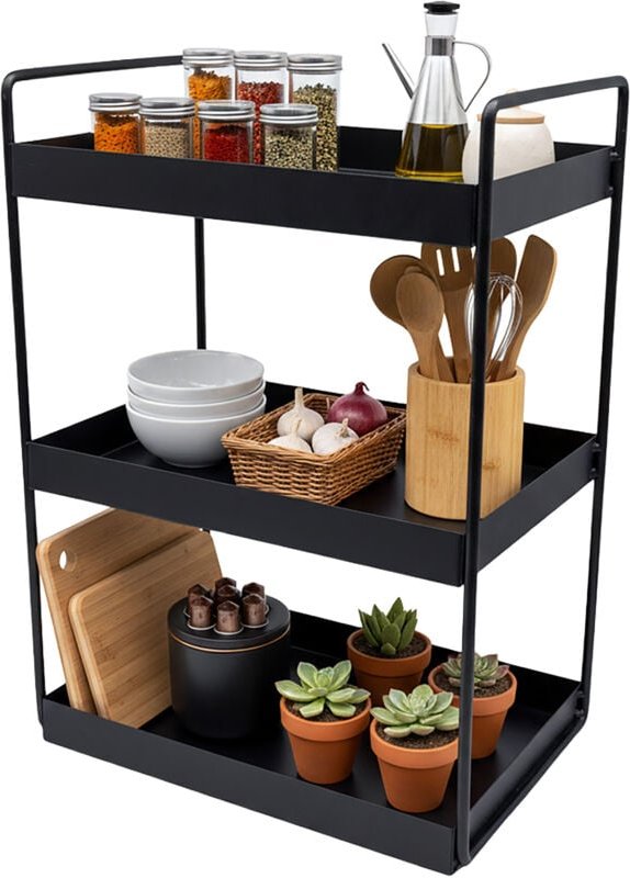 Relaxdays Gewürzregal, 3 Etagen, platzsparend, Küchenorganizer, HBT: 44 x 26 x 18 cm, Bad Organizer, Metall, schwarz