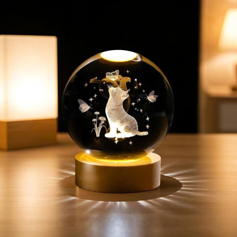 3D Kristallkugel Nachtlicht, Glaskugel-Nachtlampe mit Holzsockel, Katzen-Kristallkugel, Katzen Kristallkugel Ornamente, ...