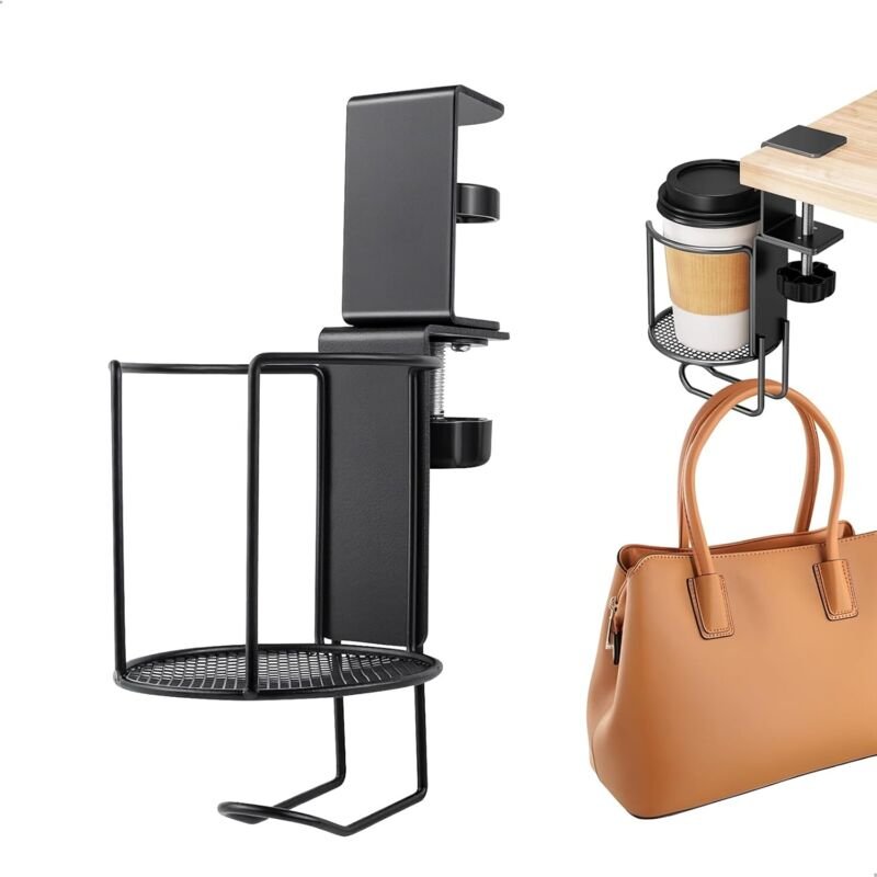 Tischbecher-/Flaschenhalter, hängender Becherhalter mit 360°-Drehung, verstellbarer Kopfhörerhaken unter dem Schreibtisc...