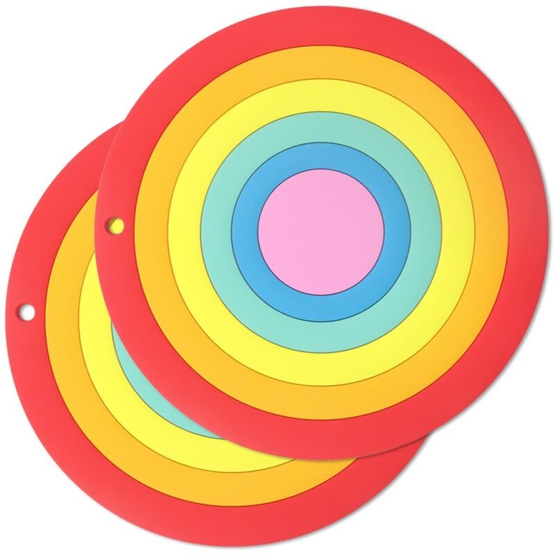 Set mit 2 dicken, hitzebeständigen Silikon-Isoliermatten in Regenbogenfarben für heiße Speisen, Töpfe und Teller, große ...