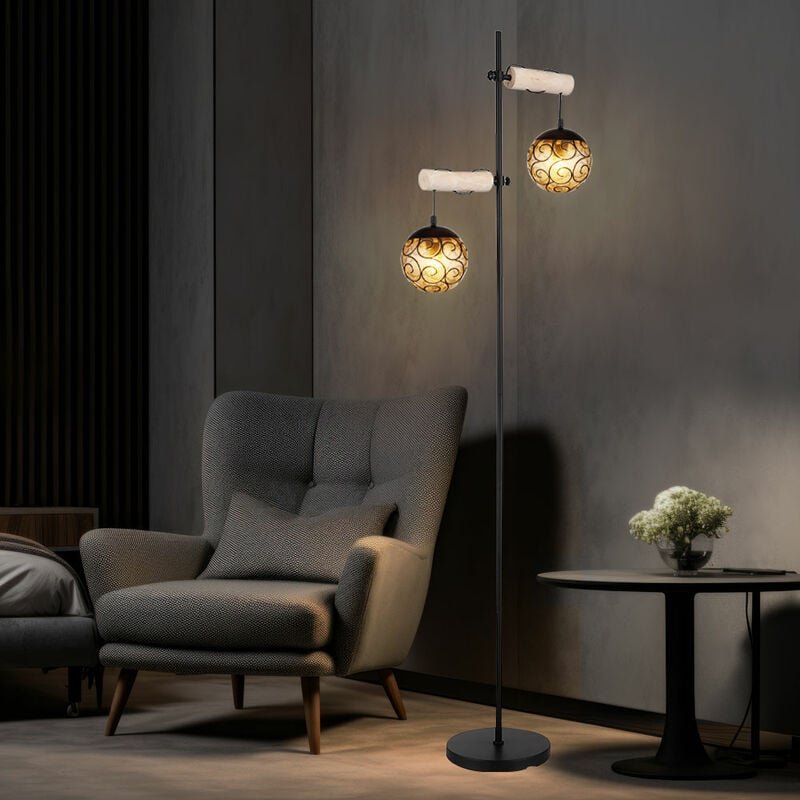 Stehlampe Stehleuchte Standlampe Beistellleuchte Wohnzimmerlampe, Höhenverstellbar, Holz naturfarben Glasschirme amber M...