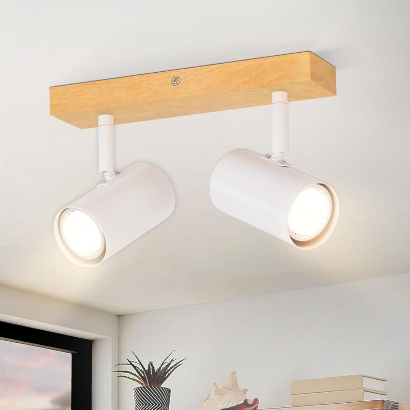 Thumbnail - GBLY Deckenstrahler 2 Flammig Holz Deckenleuchte - Deckenlampe GU10 Weiß Flurlampe Modern indoor Deckenspots Schwenkbar ...