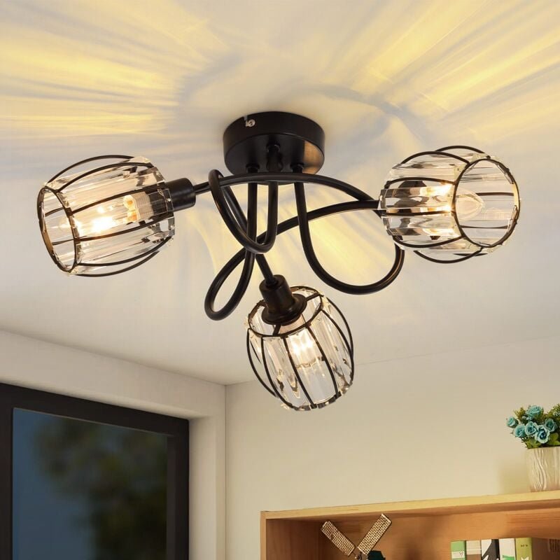 Deckenstrahler 3 Flammig Deckenlampe Vintage - Deckenspot Retro Kristall Lampenschirm Schwarz Deckenleuchte Umgeben Desi...