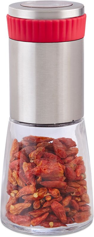 Chilimühle, Edelstahl Gewürzmühle m. Kräuter Mahlwerk, 16 cm Mühle, silber-rot - Relaxdays