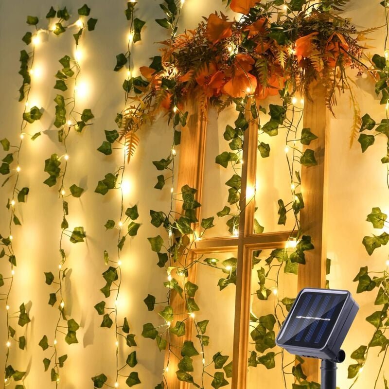 Crediri Solar-Lichterkette für draußen, 12 m, 100 LEDs, künstliche Efeuranke, 8 Modi, wasserdicht, für Garten, Balkon, T...