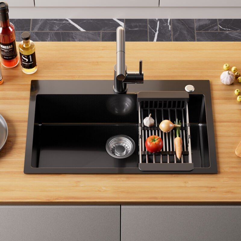 70 × 45 cm Edelstahlspüle, Einzelspüle mit Abtropfkorb, Anthrazitne Küchenspüle inkl. Ablaufgarnitur Set, für ab 80 cm S...