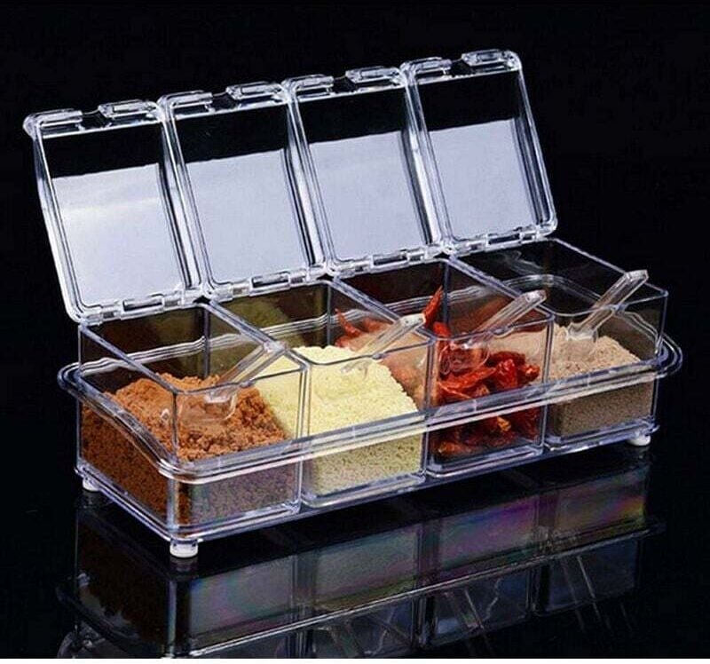 ZVD Klar - 4 Fächer Gewürzbox-Set Gewürzgläser Salz Transparent, Gewürzgläser Küche Gewürzgläser mit 4 Löffel Deckel und...