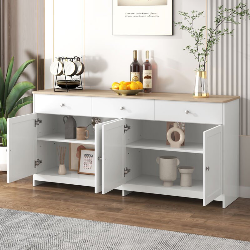 Sideboard mit 4 Türen und 3 Schubladen, Verstellbare Einlegeböden, Landhausstil, aus MDF, Weiß, 160×37×75 cm