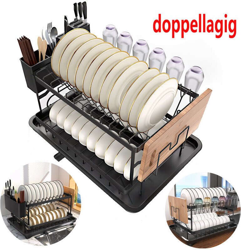 2‑stufiges Abtropfgestell mit Tassen‑ und Utensilienhalter, Geschirrabtropfgestell mit 360° Abfluss und Drainageplatte, ...