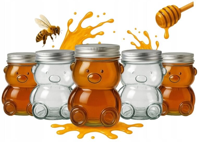 5x Teddybär-Glasbehälter 300ml mit Schraubverschluss für Honig, Marmelade, Gewürze, Mini-Glas