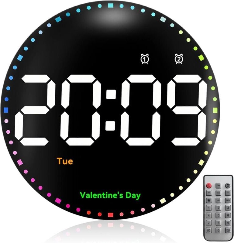 Digitale Wanduhr, 25 cm groß, 12/24-Stunden-Anzeige, 7 Farben, einstellbare Helligkeit, Timer, Countdown-Timer, Datumsan...