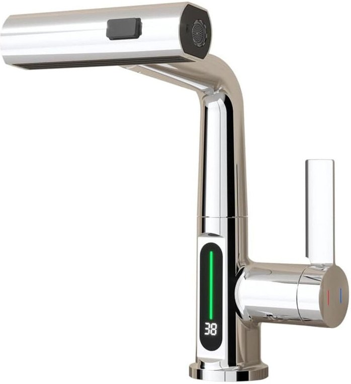 Wasserhahn Bad/Küche mit Ausziehbar Brause, LED Temperaturanzeige Waschtischarmatur Badezimmer mit 3 Modus Schwenkbarer ...
