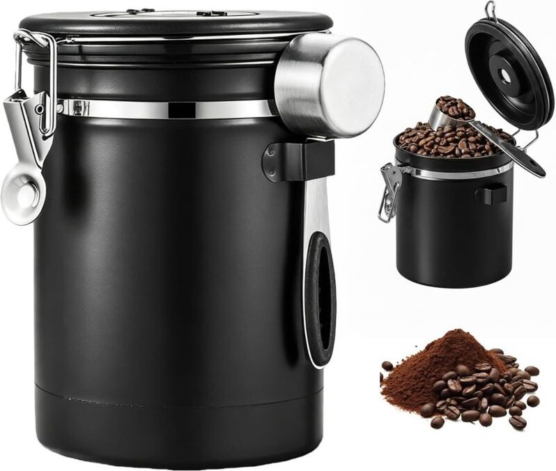 2,8-Liter-Kaffeebehälter aus Edelstahl, luftdicht, mit Datumsanzeige und Messbecher, für Kaffeebohnen und Teeblätter