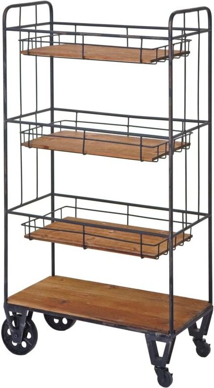 HHG - Servierwagen 319, Regal Küchenhelfer Barwagen Metallregal mit Hängekörben, 4 Ebenen Tanne Holz Vintage 120x67x32cm