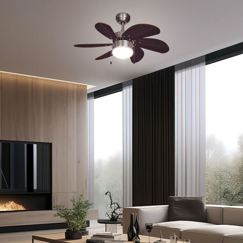 Deckenventilator Zugschalter Ventilator Vor und Rücklauf Deckenleuchte Lüfter, Holz braun, Titan, led 7W 600Lm warmweiß,...