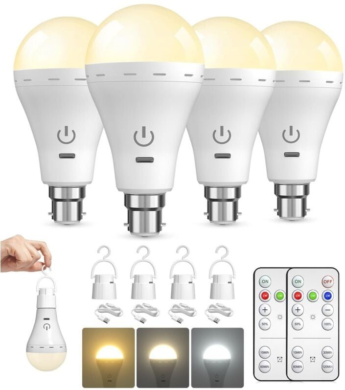 4er-Pack wiederaufladbare Glühbirnen mit Fernbedienung, 3 Farben + 10 % – 100 % dimmbar, per USB wiederaufladbare Glühbi...