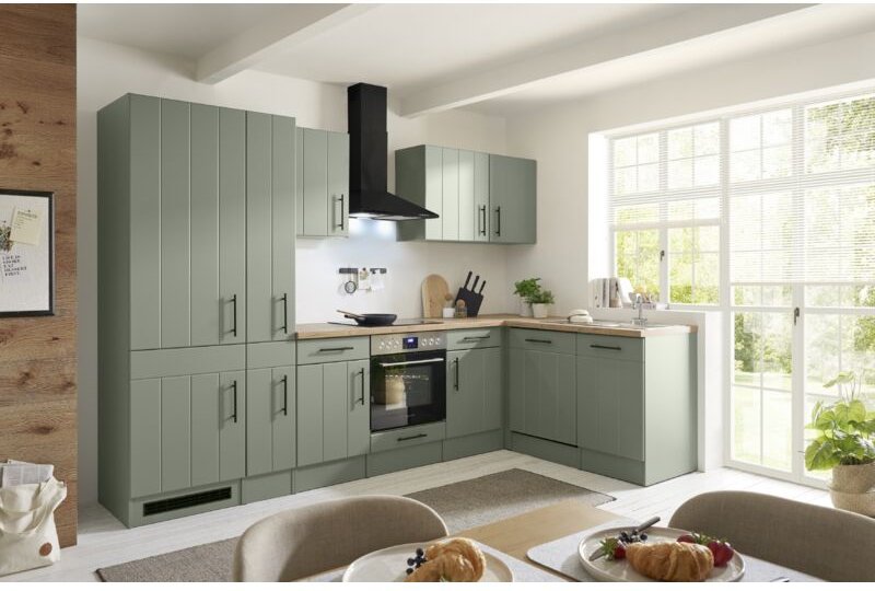 L Küche Einbau Winkelküche Landhaus Grün Anton 310 cm Kühlschrank groß Respekta