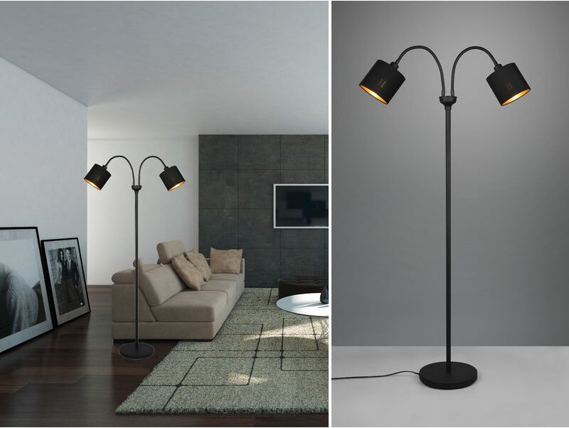 LED Stehleuchte 2 flammig, Stoffschirme Schwarz Gold, Höhe 130cm