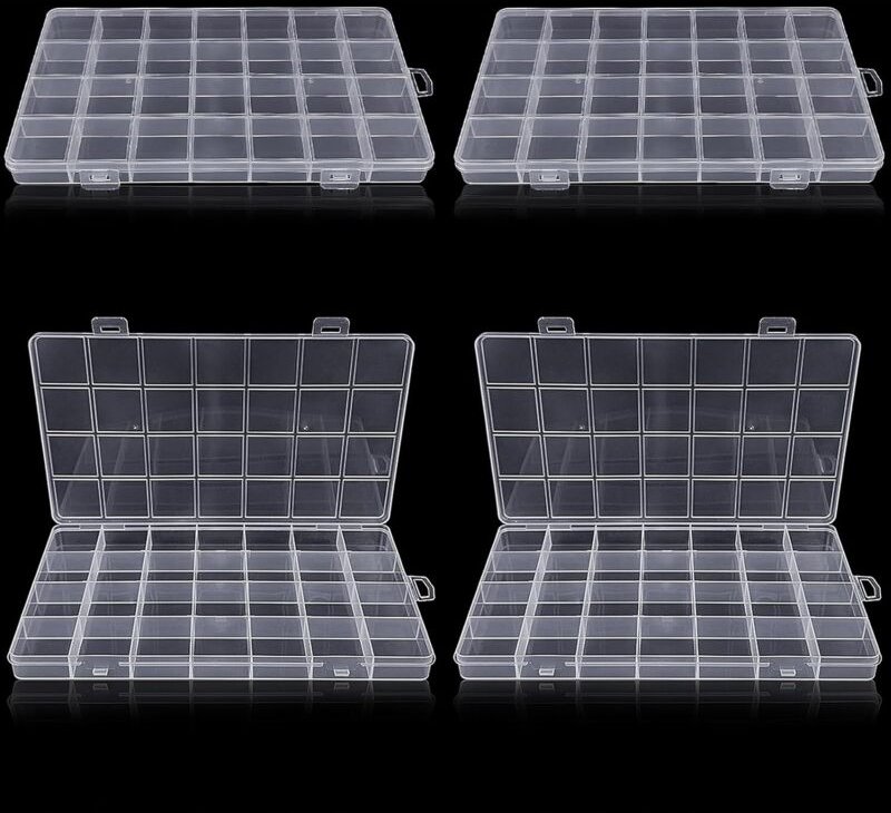 Set mit 4 transparenten Aufbewahrungsboxen aus Kunststoff mit 28 Fächern für Bastelmaterial, Perlen, Schmuck und Kleinte...