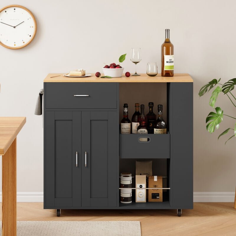 Servierwagen - Rollbare Kücheninsel - Mobiler Küchenwagen mit abnehmbaren offenen Fächern, Schubladen und zwei Türen, Ho...