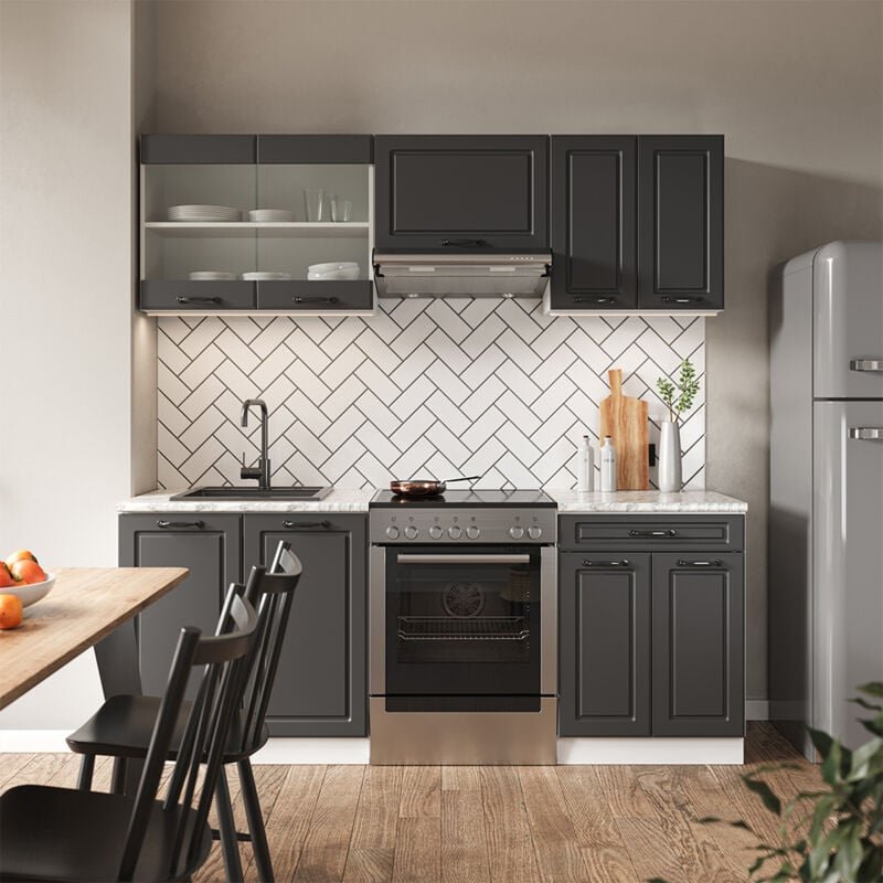 Vicco - Küche R-Line, Anthrazit Landhaus/Weiß, 200 cm ohne Arbeitsplatte