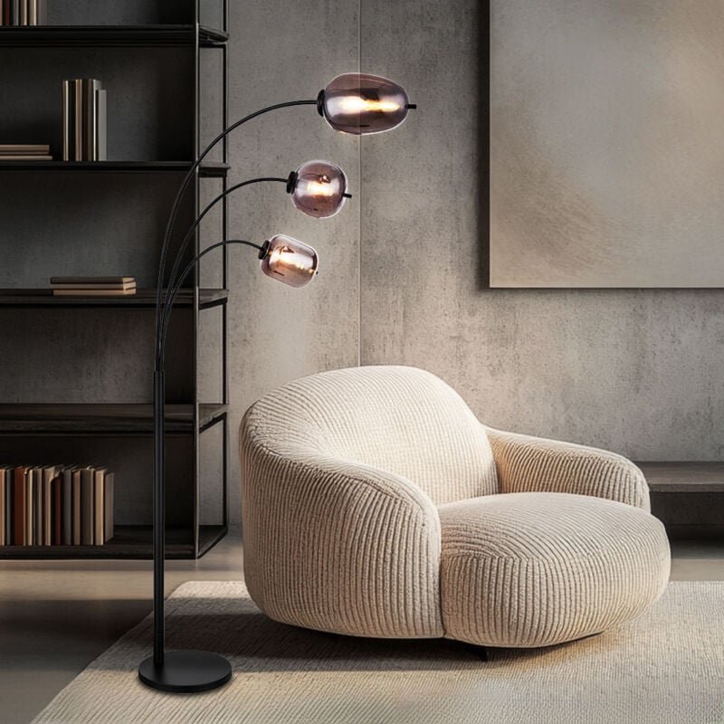 Stehleuchte Rauchglas Retro Bogenstehleuchte Wohnzimmer Stehlampe schwarz Metall Glas, Fußschalter, 3x E14 Fassungen, Lx...