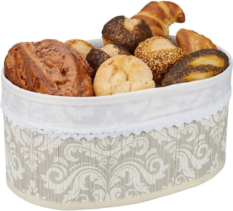 Relaxdays - Brotkorb, aus Bambus, mit Stoffeinsatz, florales Muster, für Brot & Brötchen, ovaler Frühstückskorb, grau/we...