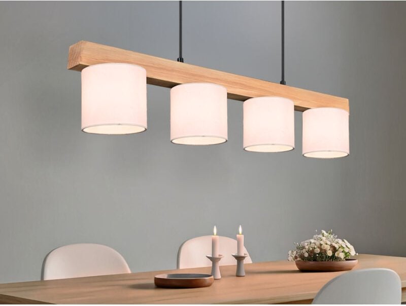 Meinewunschleuchte - led Holzbalken Pendelleuchte 4-flammig, Stoff Lampenschirme Weiß, b: 75cm