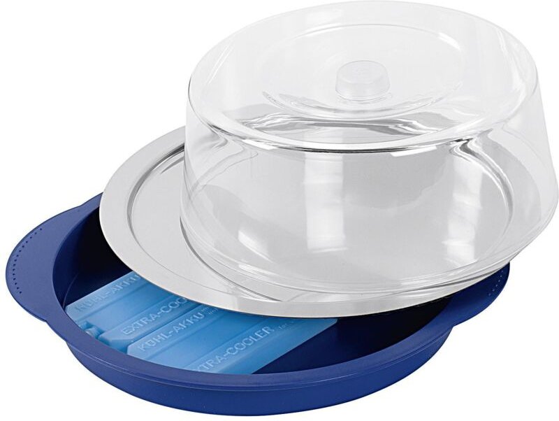 Serviertablett 35 x 4 cm (ø x h) inkl. blaue Kunststoffschale zwei Kühlakkus Frischhaltehaube aus Kunststoff Edelstahl F...