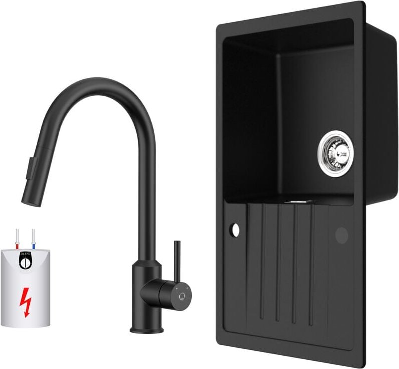 Cecipa Max - Küchenspüle 78x45cm Granitspüle Anthrazitschwarz Mit Abtropffläche + Ausziehbarer Niederdruck-Küchenarmatur...