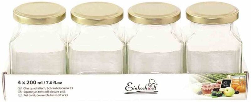 Einkochwelt - Quadratglas 4x200ml + Schraubdeckel Glas Einmachglas Einweckglas Marmeladenglas