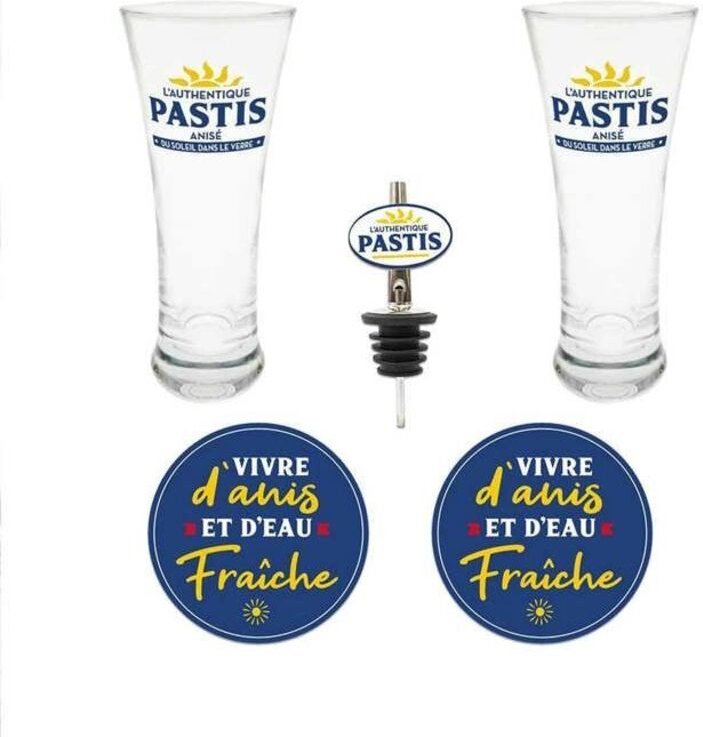 Geschenkset mit 2 Pastis-Gläsern, 2 Untersetzern und Ausgießer