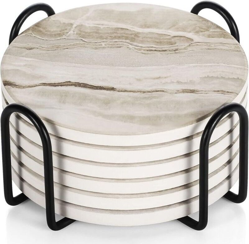 Untersetzer, 6er-Set mit Halter, saugfähige, rutschfeste Keramikuntersetzer für Zuhause, Cafés und Bars – Marmormuster