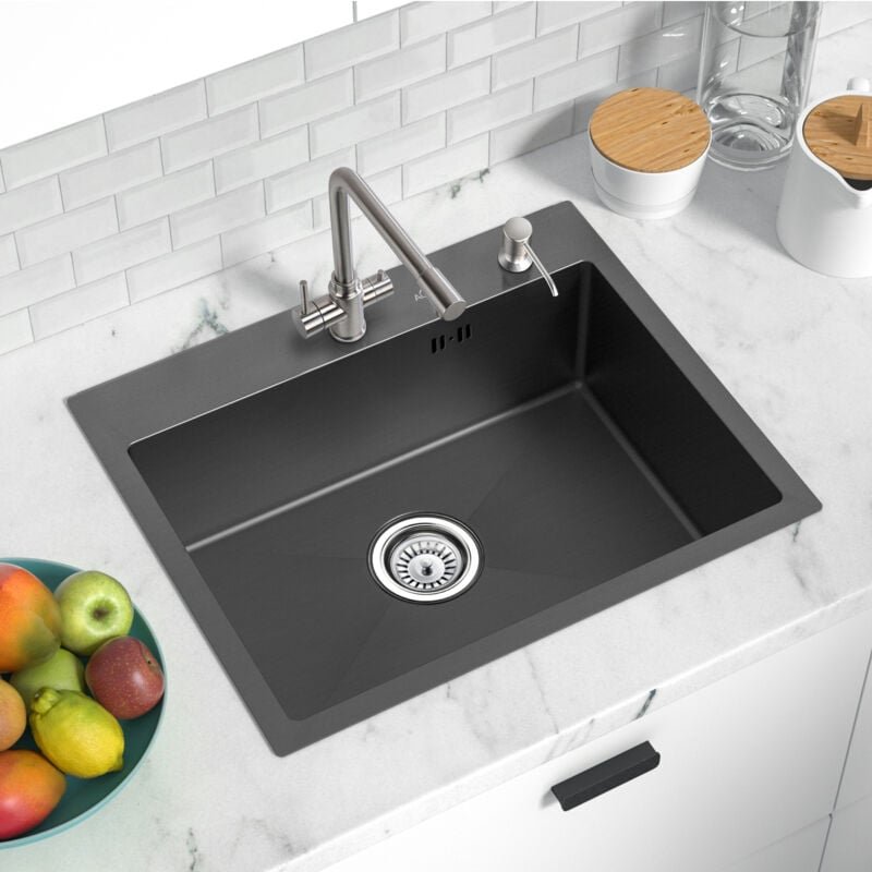 Spülbecken Rechteckig mit Seifenspender, Edelstahl Einbauspüle 55 x 45CM Küchenspüle ab 60er Unterschrank inkl. Ablaufga...