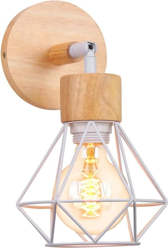 Wandlampe Holz Retro Wandleuchte Diamant Käfig E27 180° Drehbare für Flur Wohnzimmer Schlafzimmer Küche Cafét (Weiß)