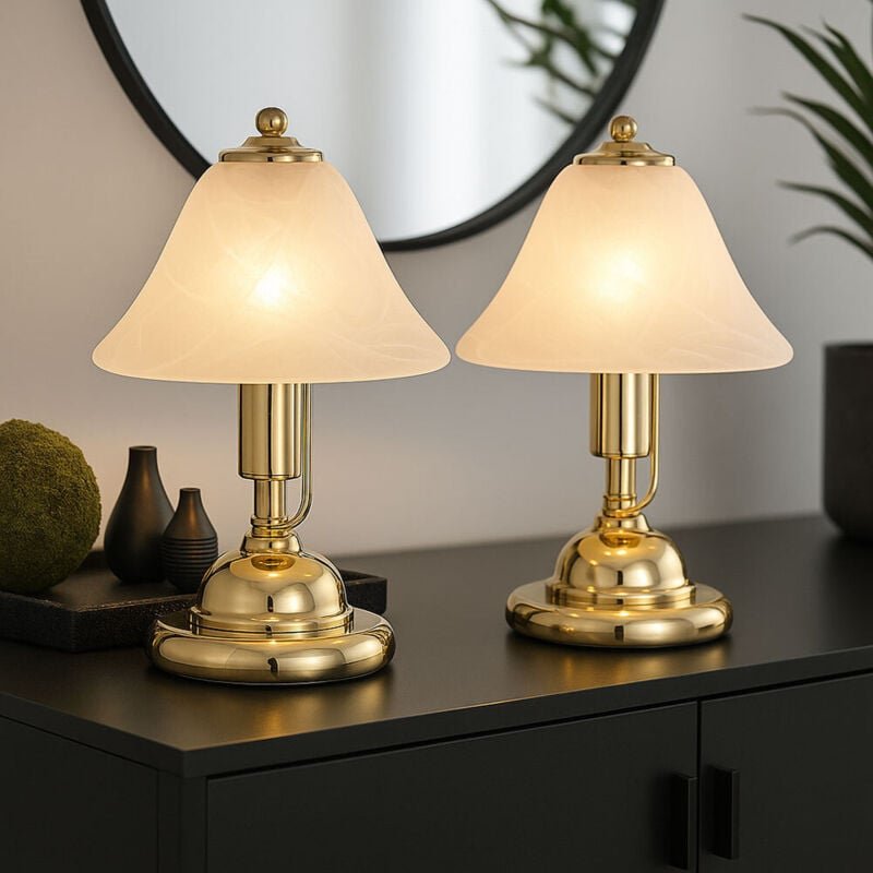 Tischlampe Tischleuchte Bürolampe Leseleuchte, led Touchschalter, Höhe 27 cm, Messing-Gold Glas Alabasteroptik, 2er Set